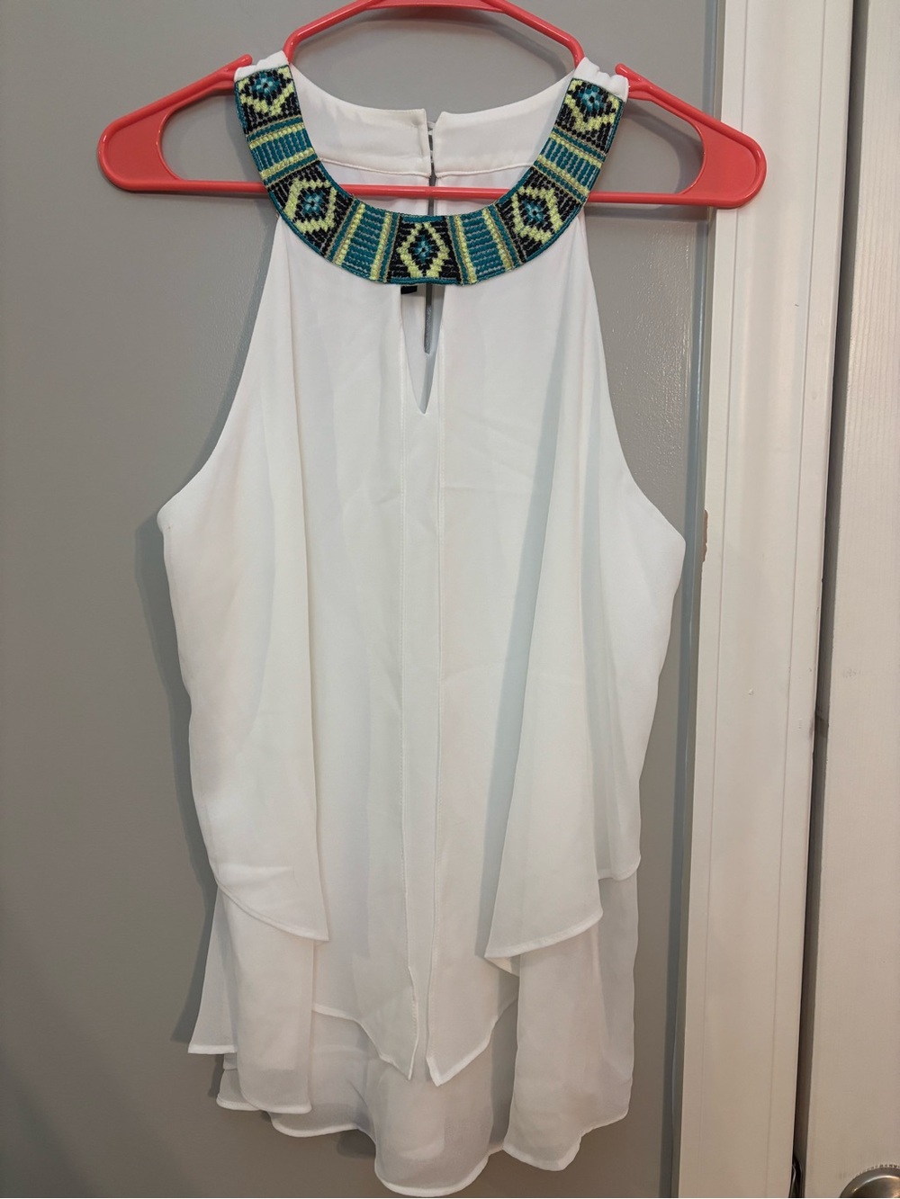 A. Byer White Halter Camisole with Beaded Blue-Green Collar